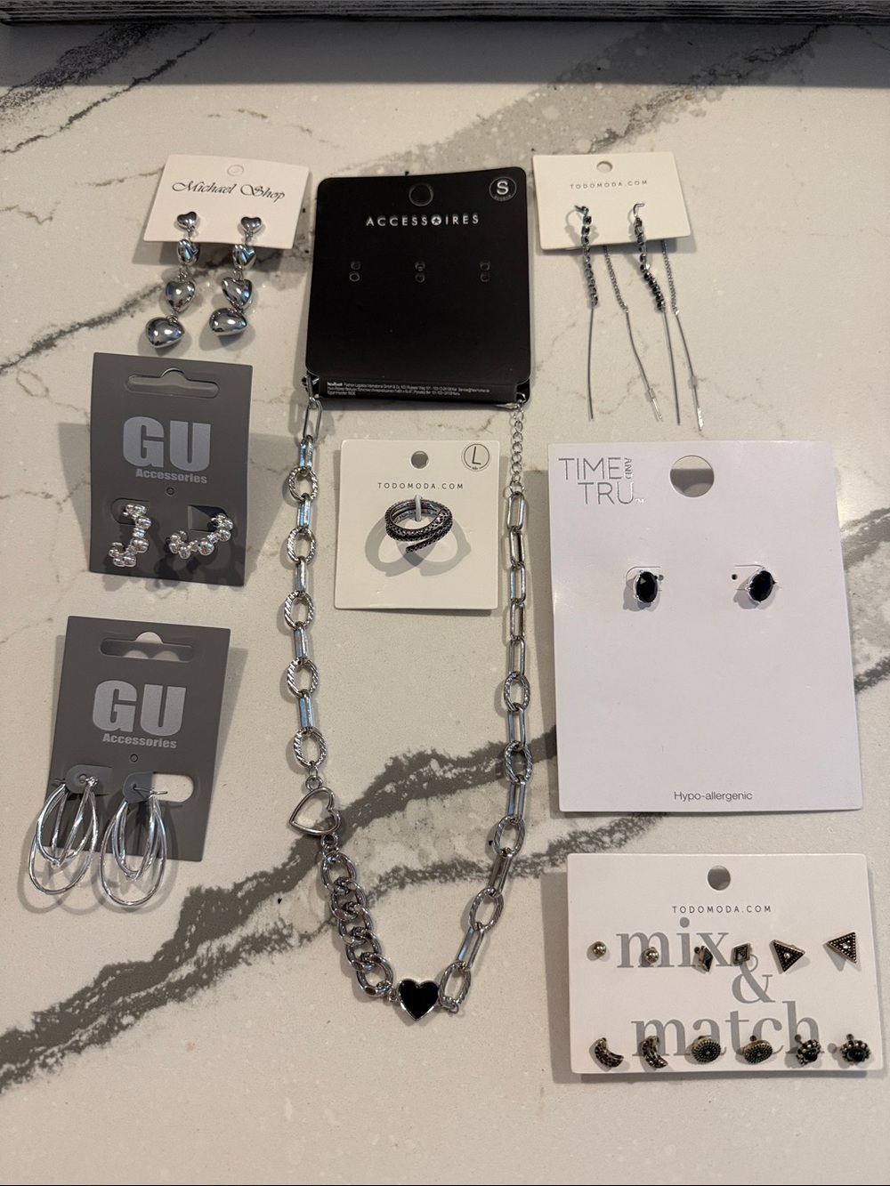 Silver-Tone Mixed Jewelry Set with Black Heart Accent
